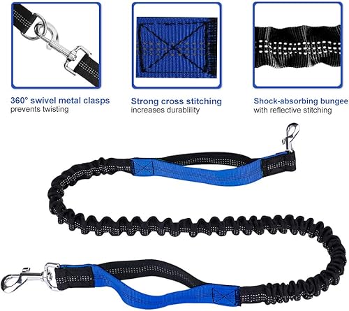 Miniatura 3 de Correa de perro manos libres para correr, caminar, entrenamiento, senderismo, bungee reflectante de doble asa, bolsa dispensadora de bolsas de