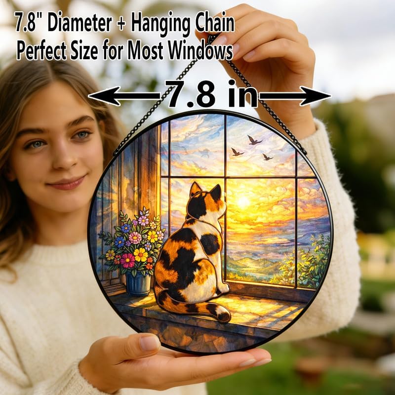 Stained Glass Window Hanging Suncatcher 7.8 in Calico Cat Sunset View Colorful Glass Panel Sun Catcher for Window， Window Hanging Decor for Home， Housewarming Gift
