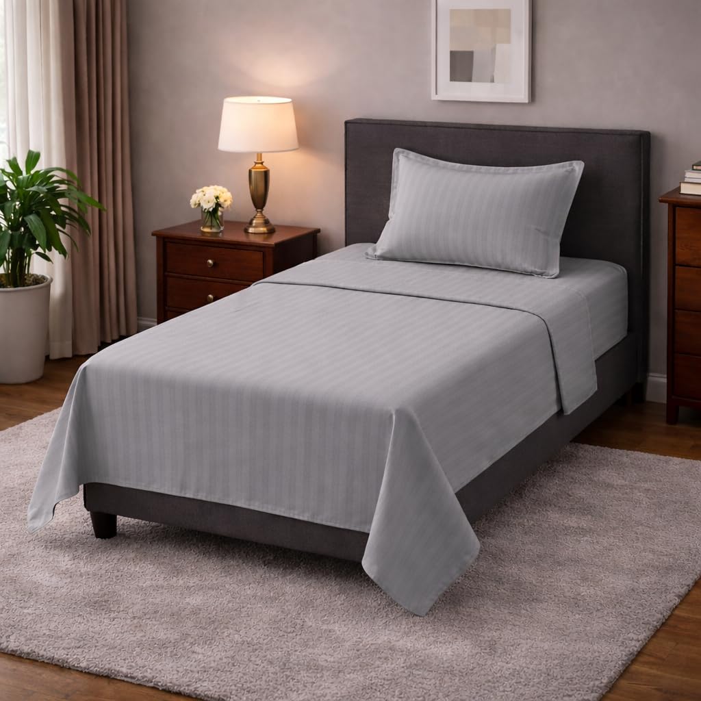 Luxury 400 TC Grey 1 cm Striped Glace Cotton Single Bedsheet with 1 Pillow Cover 60 x 90 Inches-image-42