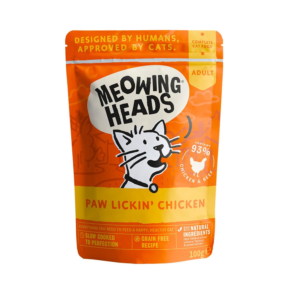 Meowing Heads Wet Cat Food - Paw Lickin' Chicken - 93% Natural Chicken Pouches with No Artificial Flavours, Grain-Free Recipe (10 x 100 g)