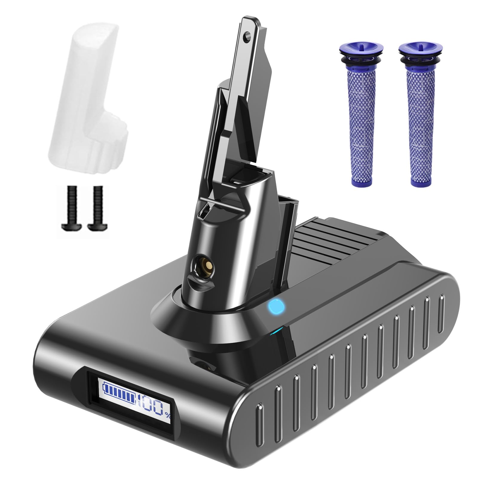 6000mAh V7 Ersatzakku für Dyson V7 Animal Motorhead Absolute Fluffy Trigger SV11, Akku mit LCD-Display & Echtzeitanzeige, Hohe Kapazität Li-ion Staubsauger Akku inkl. 2 Vorfilter & Gehäuseschutz