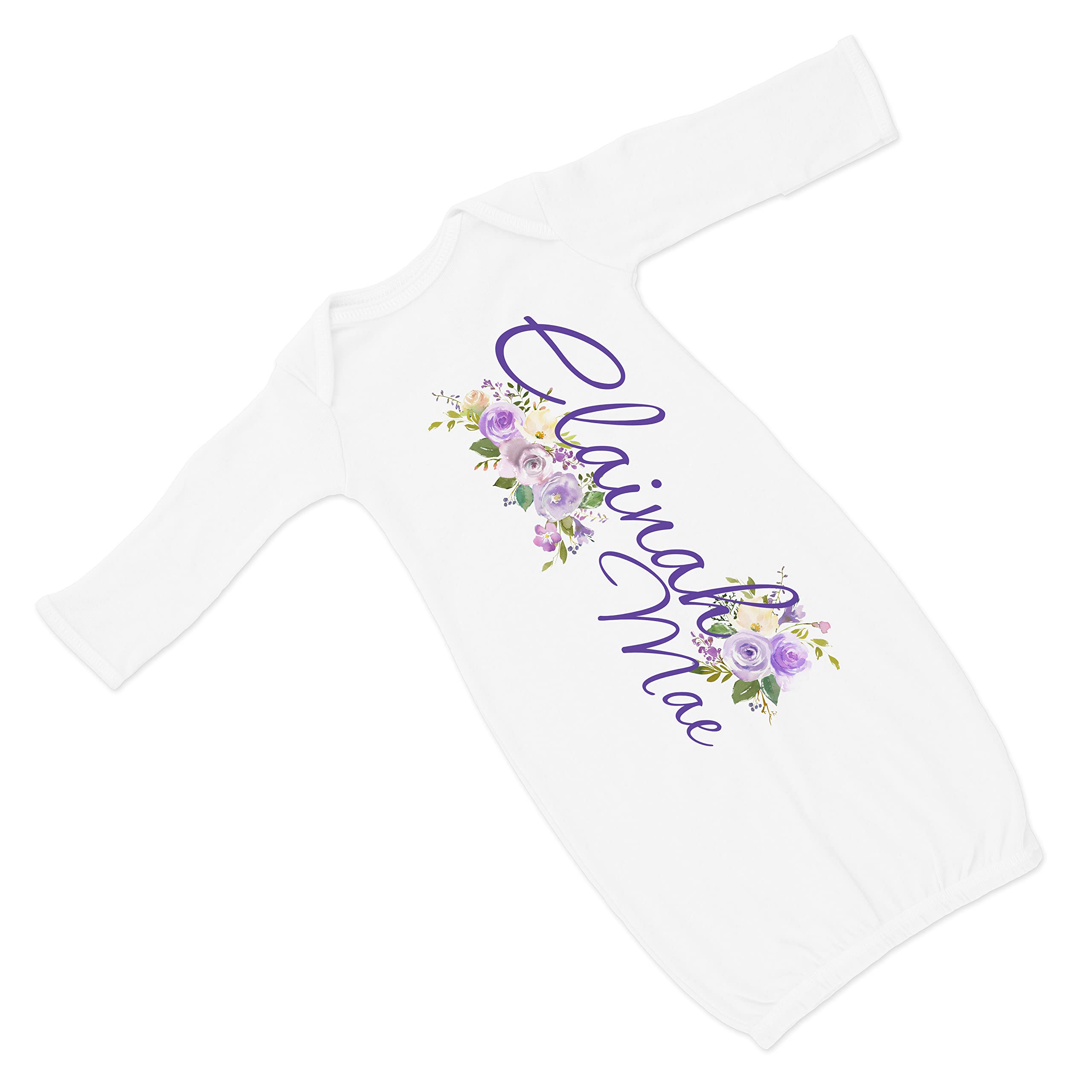 New Baby Girl's Printed White Purple Floral Personalized Infant Gown Coming Home Outfit