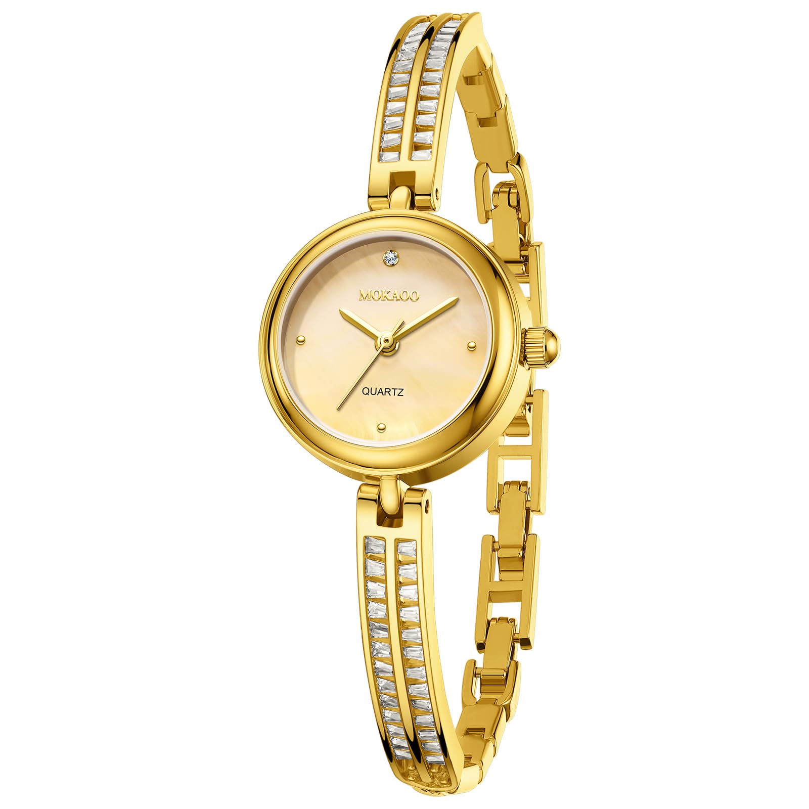 findtime Reloj de pulsera dorado para mujer, de oro, para mujer, de oro, pequeño reloj de pulsera de plata con cristales de corte baguette para el uso diario