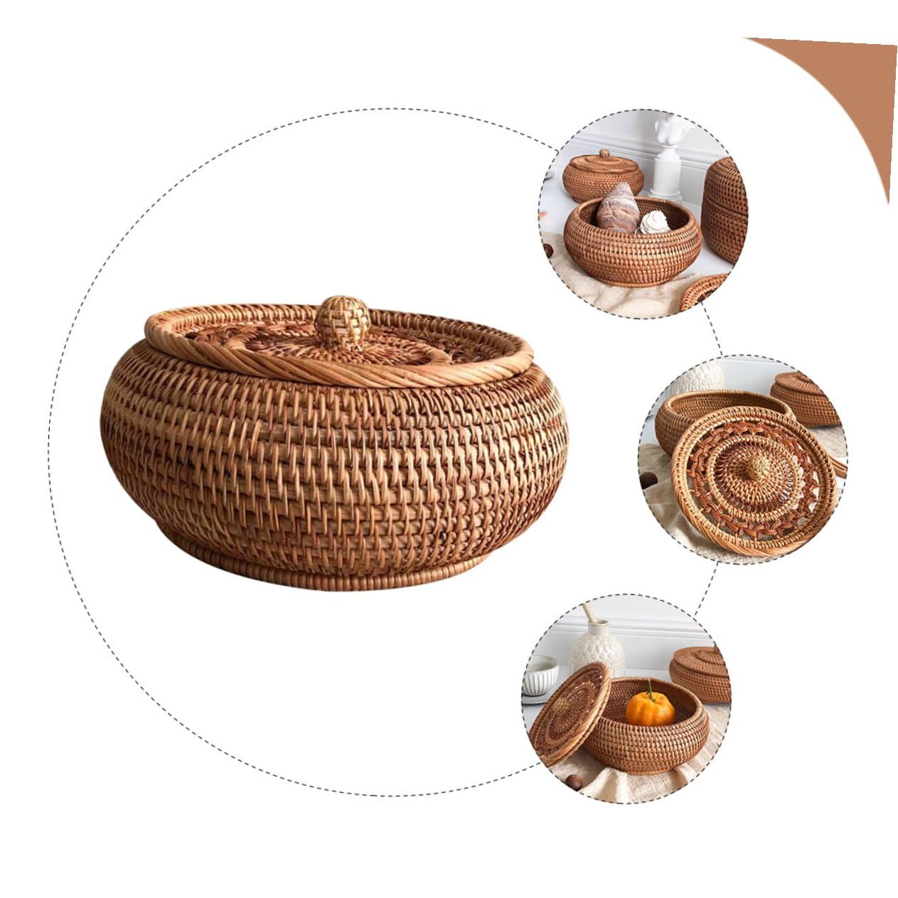 Veemoon Cesto Porta Dolci in Rattan Intrecciato Contenitore Versatile Coperchio per Snack e Dolci, per Regalo di Inaugurazione Casa o Studio