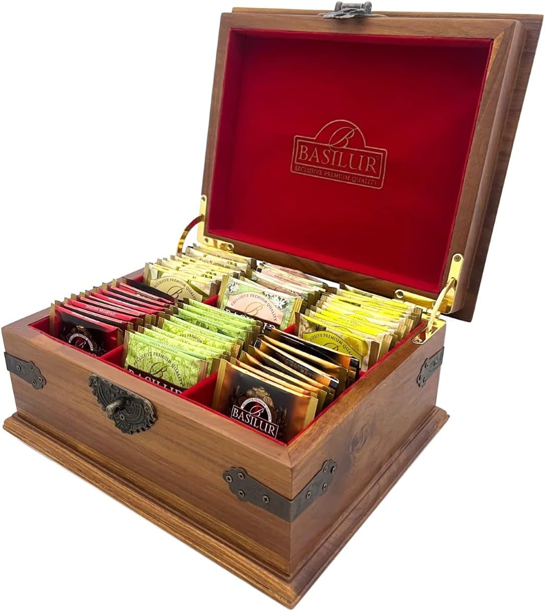 Basilur, Executive Hand Made Wooden Teak Presenter, 6 Chamber Closed Tea Chest and Server with 6 Assorted flavor Teas