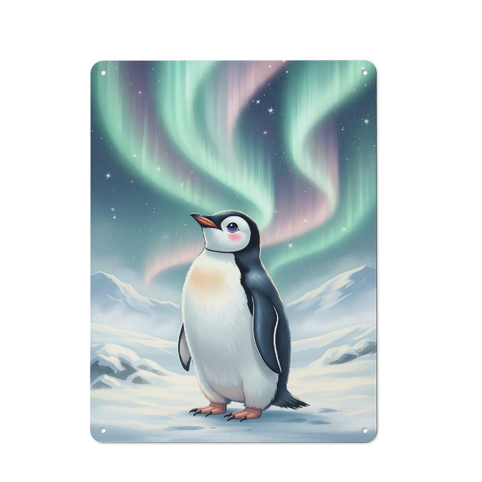 Garage Style Decorative Metal Plaque 40x30cm Featuring Cartoon Penguin Under Aurora Borealis, Garage Wall Decor for Garage, Workshop, Shed Or Utility Room