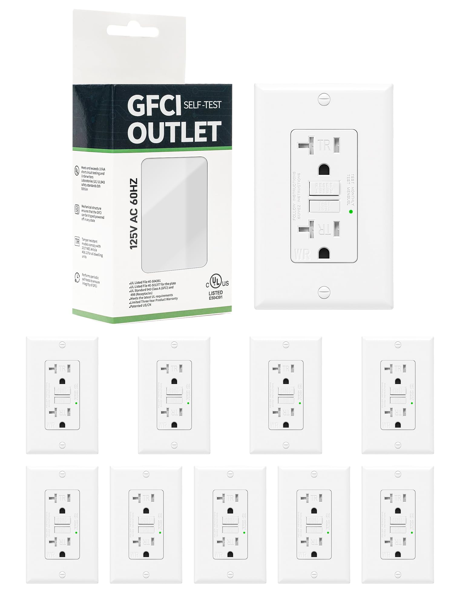 Photo 1 of 10-Pack 20 Amp GFI Electrical GFCI Outlet Self-Test Tamper Resistant (TR) Weather Resistant (WR) Ground Fault Receptacle with LED Indicator UL Listed Standard Wall Plate Included White