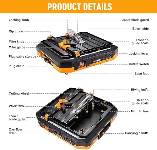 Miniatura 9 de Hoteche Sierra de azulejos húmedos de 7 pulgadas - Cortador de azulejos de profundidad de corte ajustable con motor 5A con depósito de agua