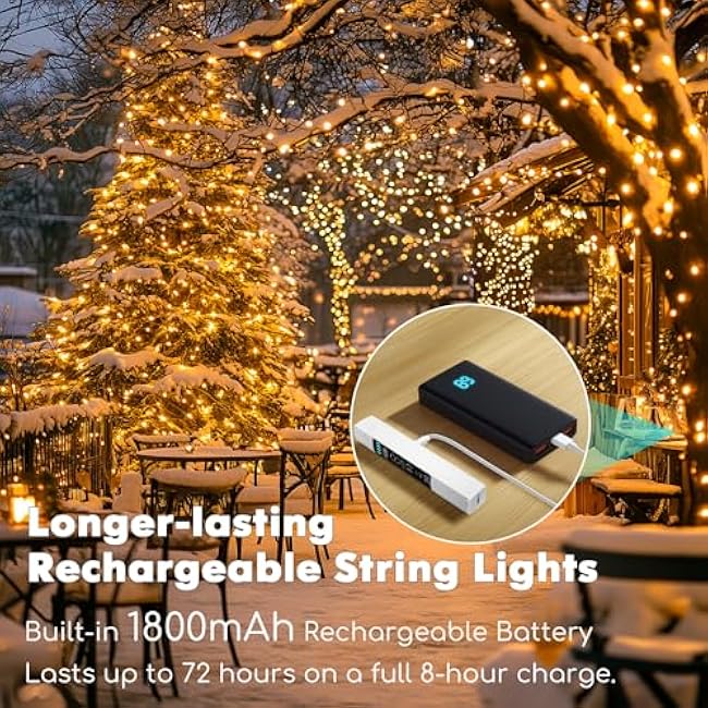 Lakumu 132FT(66*2) Rechargeable Fairy Lights Battery Operated, Twinkle Lights with Remote &Timer, Warm White LED String Lights for Bedroom Waterproof Outdoor Camping DIY Wedding Christmas Decorations