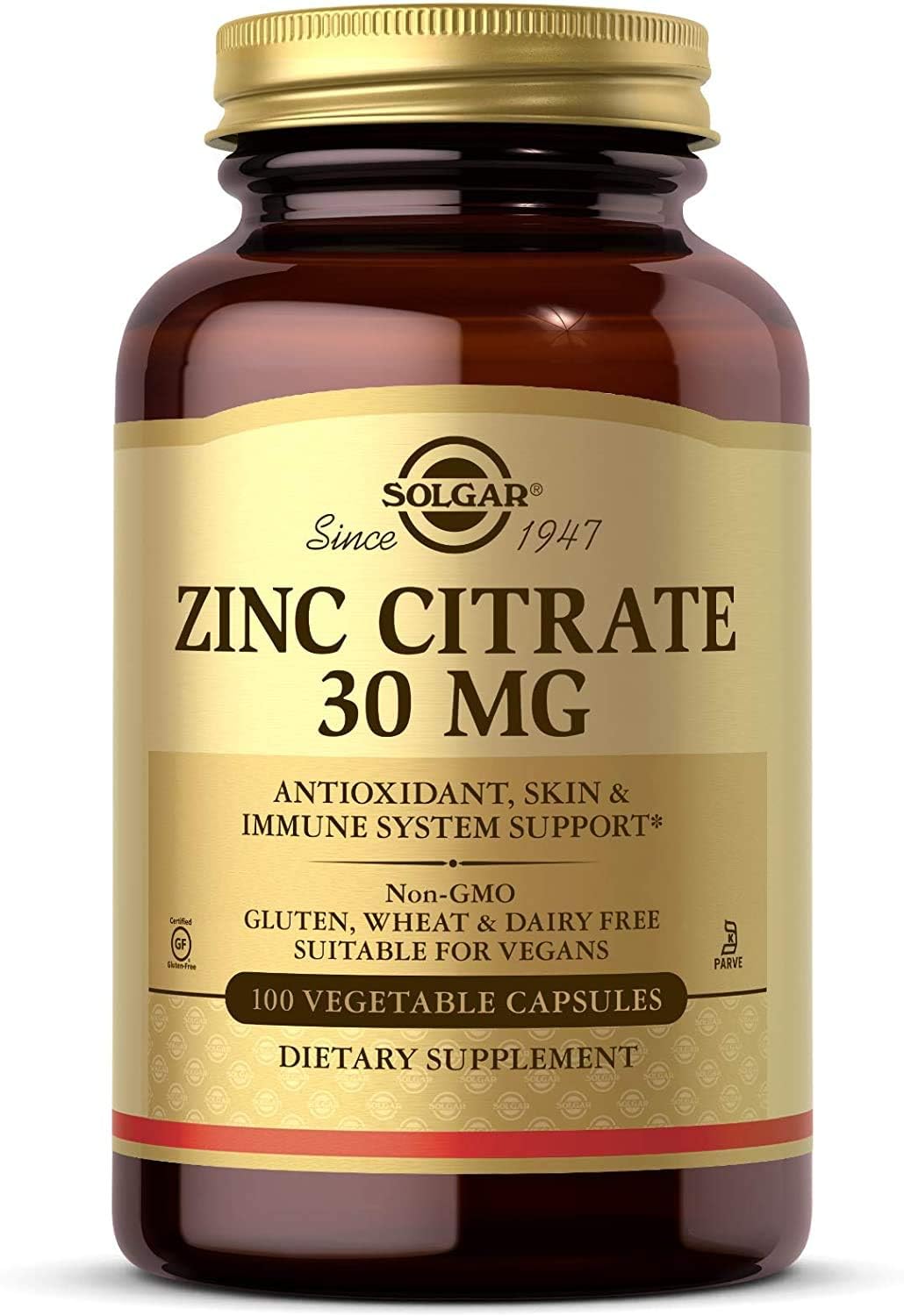 Solgar Zinc Citrate 30mg - Healthy Skin, Hair & Nails - Antioxidant - Healthy Brain Function - Vegan - 100 Vegetable Capsules