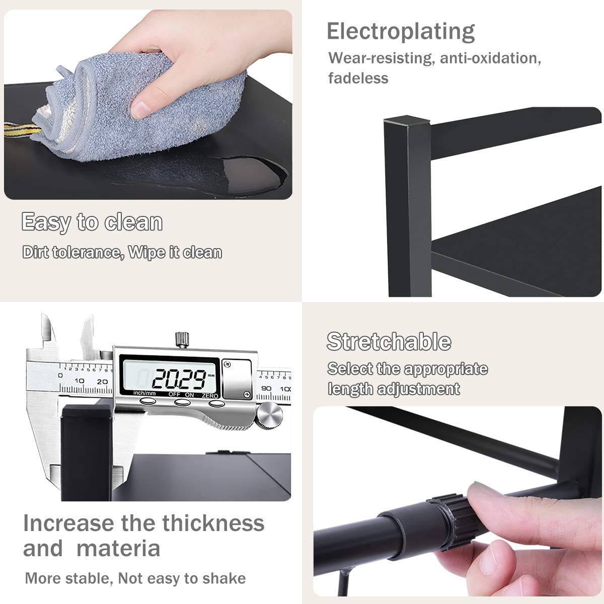 Soporte ajustable de 2 niveles para microondas con estante expandible, 3 ganchos y encimera de cocina negra para espacios pequeños (41,5 60 cm)
