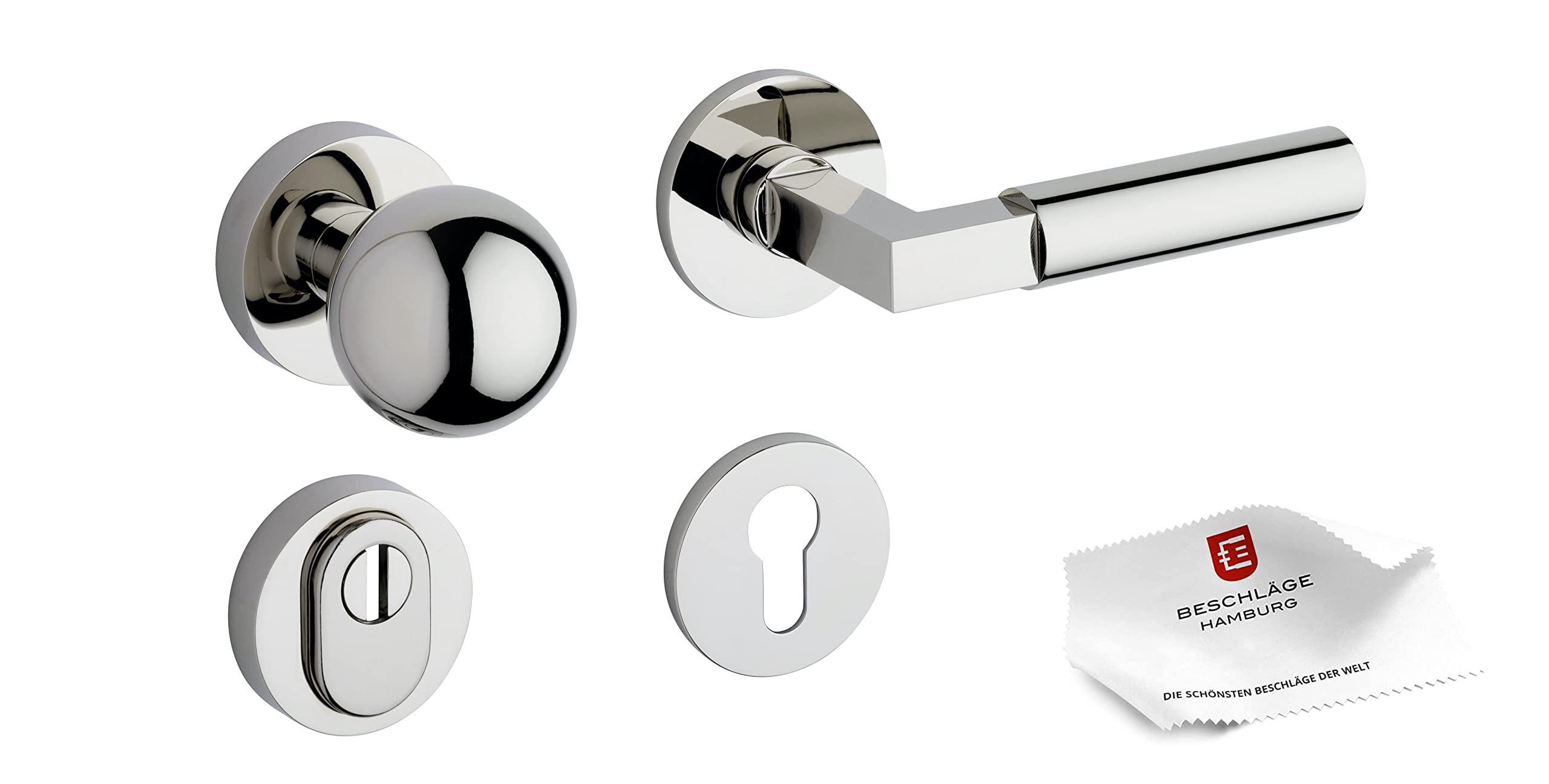 Beschläge Hamburg | Türgriffe Schutzbeschlag | BAUHAUS PRIME SH 07ZAMAK MPN PVD | Türdrücker Rosetten Sicherheitsgarnitur die Wohnungs- und Hauseingangstür | Türbeschlag, ø 52 mm in Nickel poliert