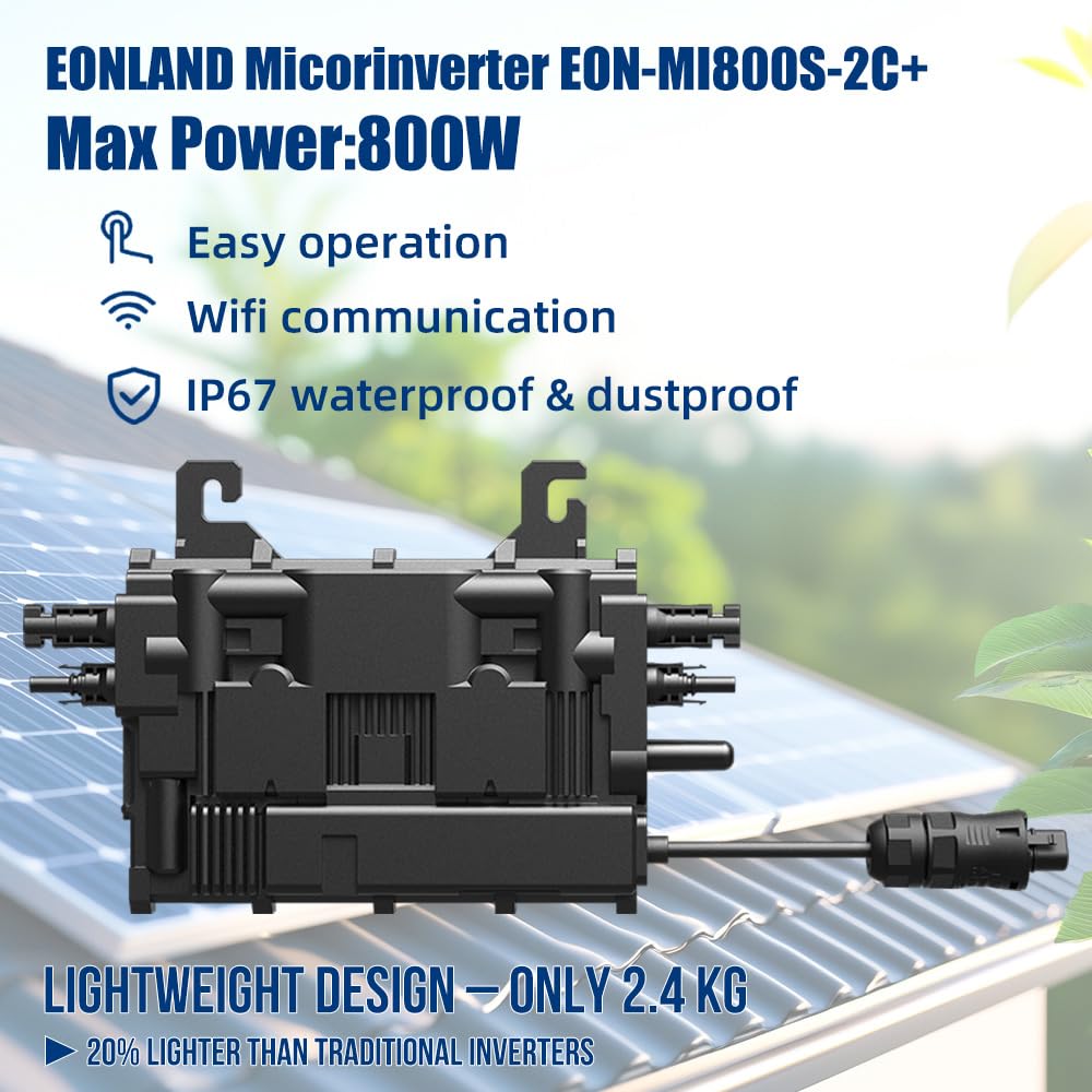 EON-MI800S - Micro inverter 800 W, doppio MPPT, 16-60 V DC, controllo app WiFi e Bluetooth, plug & play, IP67, certificato VDE, leggero, ideale per centrali elettriche da balcone