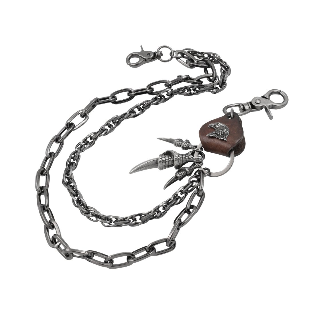 UNIQSUM Leather Eagle Charm Sharp Claw Double Wallet chain Antique Gun-metal Biker Punk Key chain (Brown)