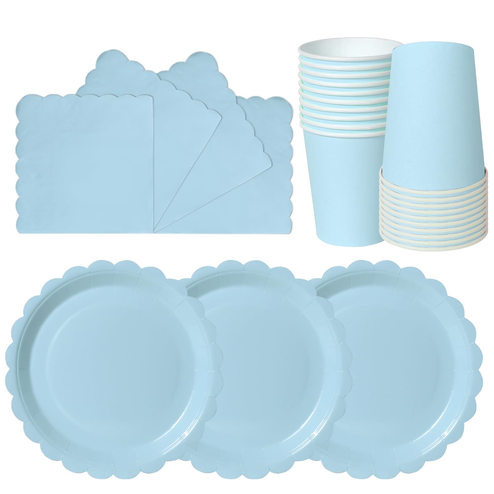 hailstones Dusty Blue Disposable Scalloped Party Paper Plates Set Tableware Supplies - 24 Pack of 7 Inch Plates, Cups & Napkins for Kids Birthday Decorations Christening Wedding Shower