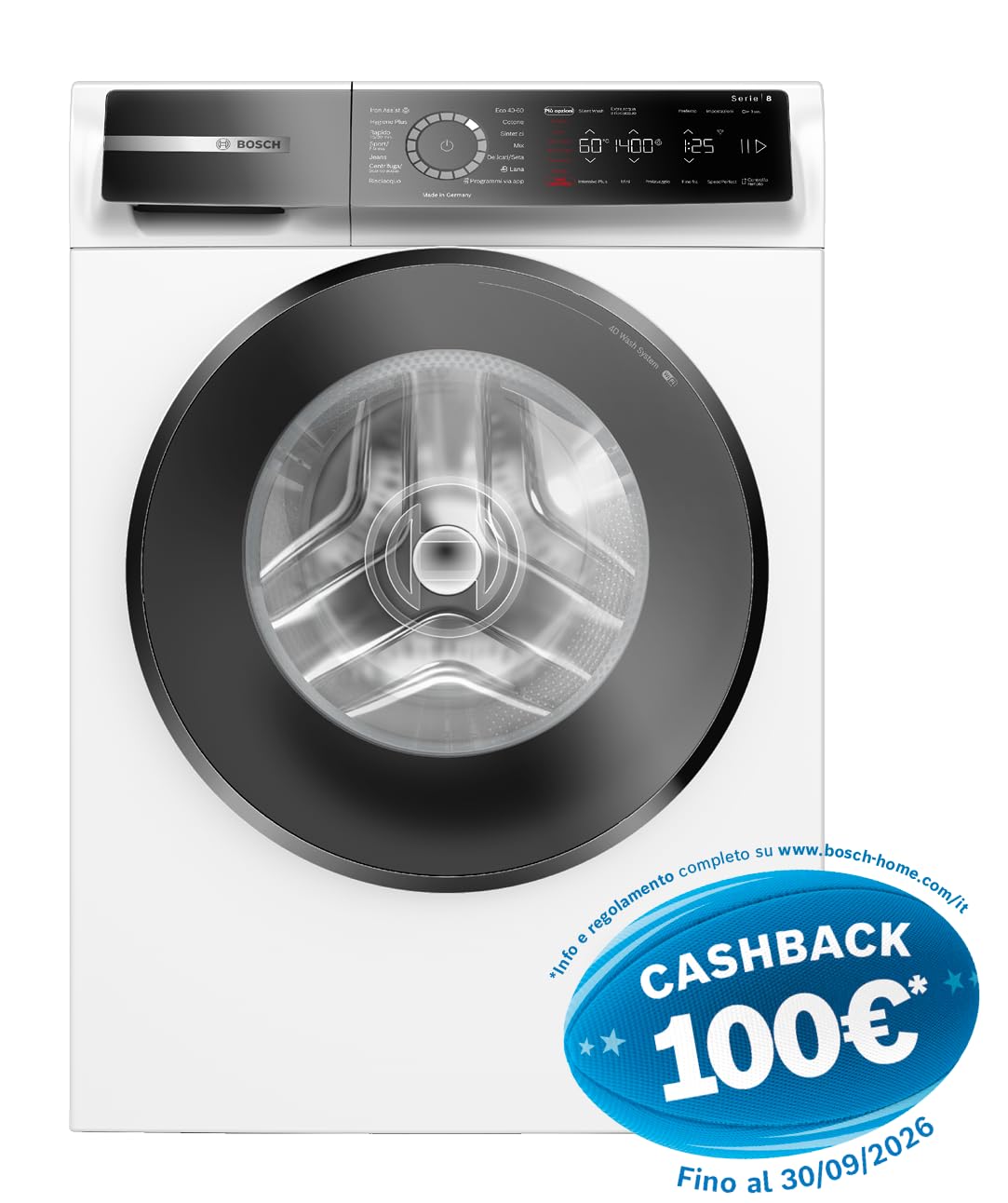 Bosch WGB24400IT Serie 8 Lavatrice smart a carica frontale, 9 kg, 1400 giri, Efficienza energetica A -20%, motore inverter con 10 anni di garanzia, riduce le pieghe, Bianco, 60 Cm