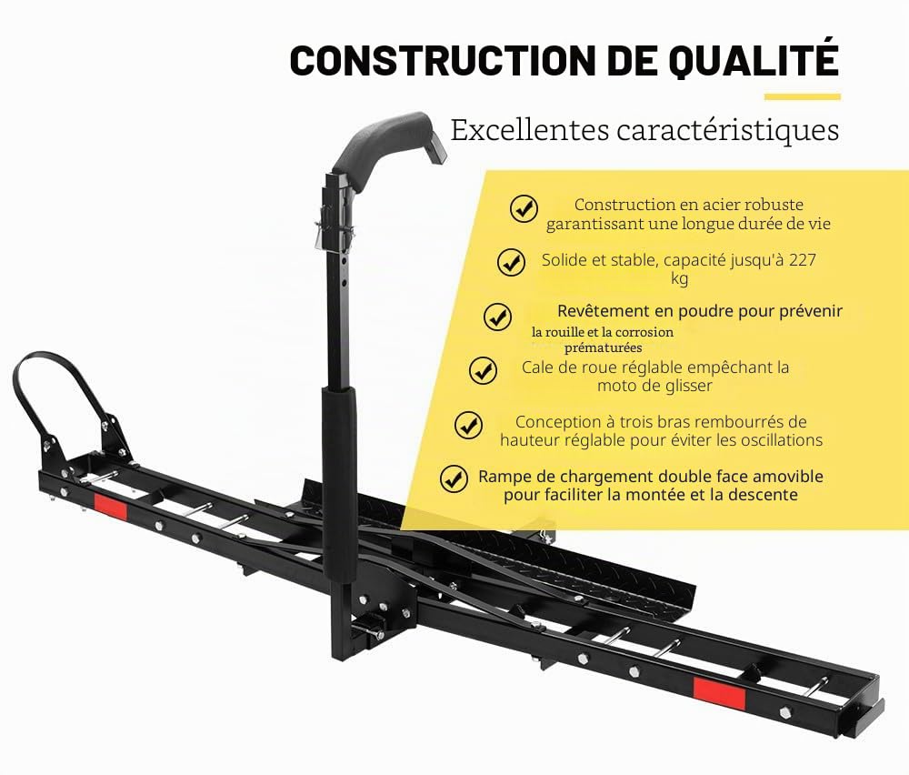 Porte-attelage de moto de 226,8 kg, pour moto tout-terrain, scooter, remorque, avec rampe de chargement et verrouillage anti-basculement