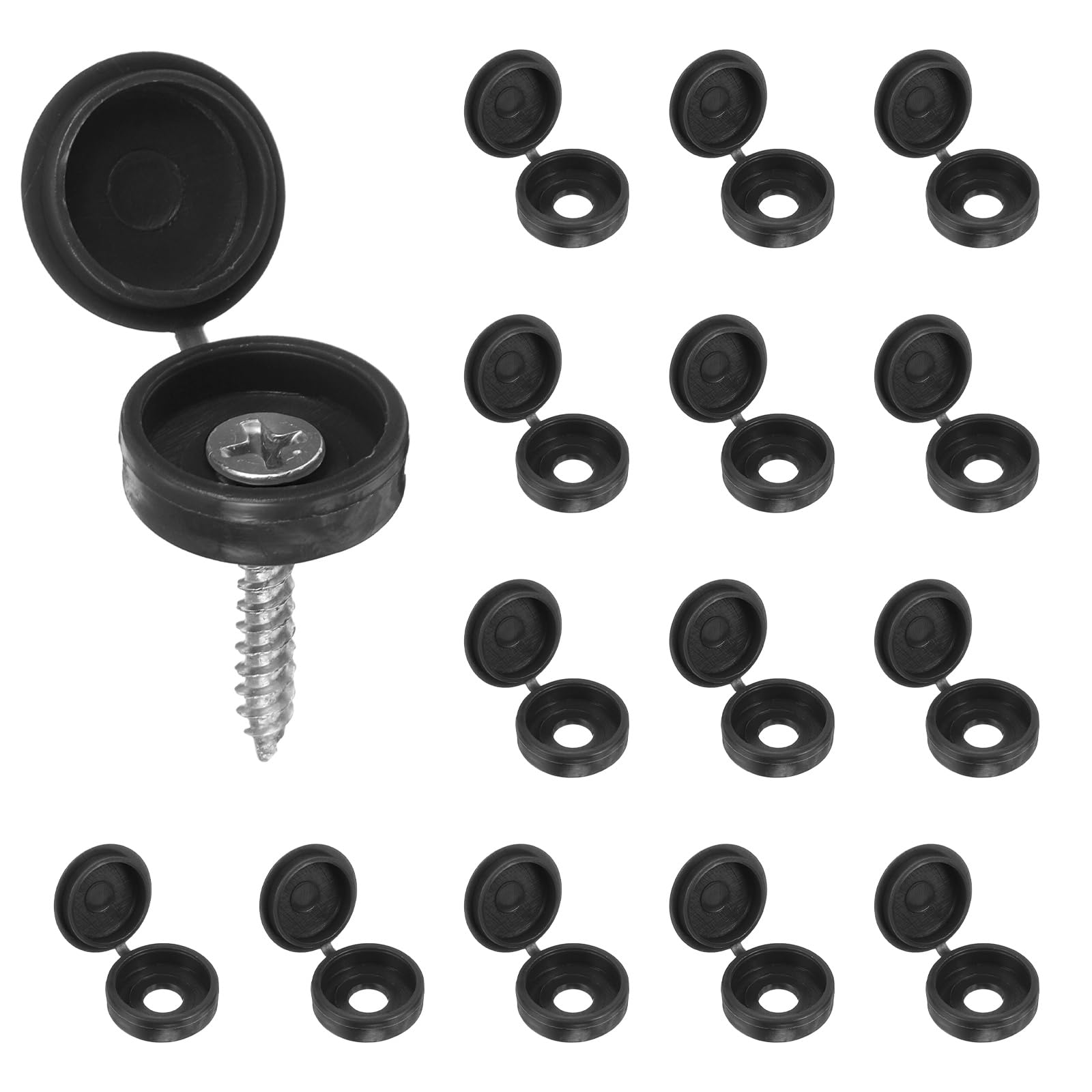 sourcing map 200pcs Plastic Hinged Screw Cover Caps 5.9mm / 0.23" Shutter Screw Caps Fold Snap Washer Covers for Windows Outside Railings Furniture, Black