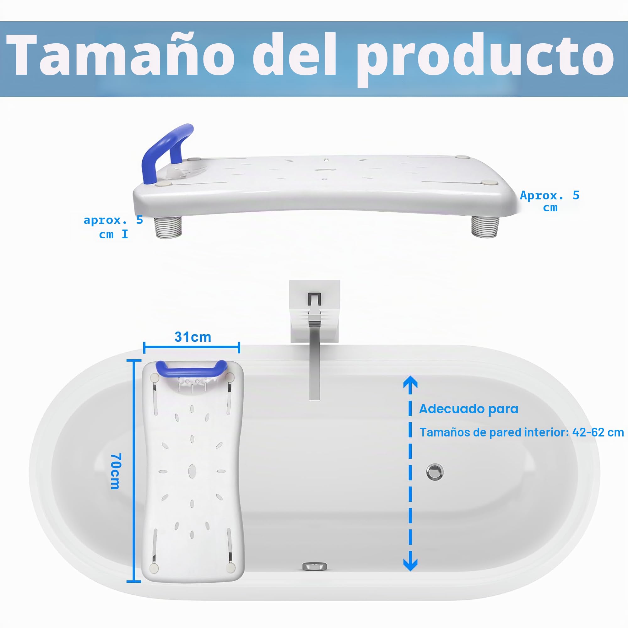 LARS360 Tabla de bañera con asiento para personas mayores, adultos, ajustable, tabla para sentarse, para bañera, silla para baño, máx. 150 kg, con mango azul, color blanco
