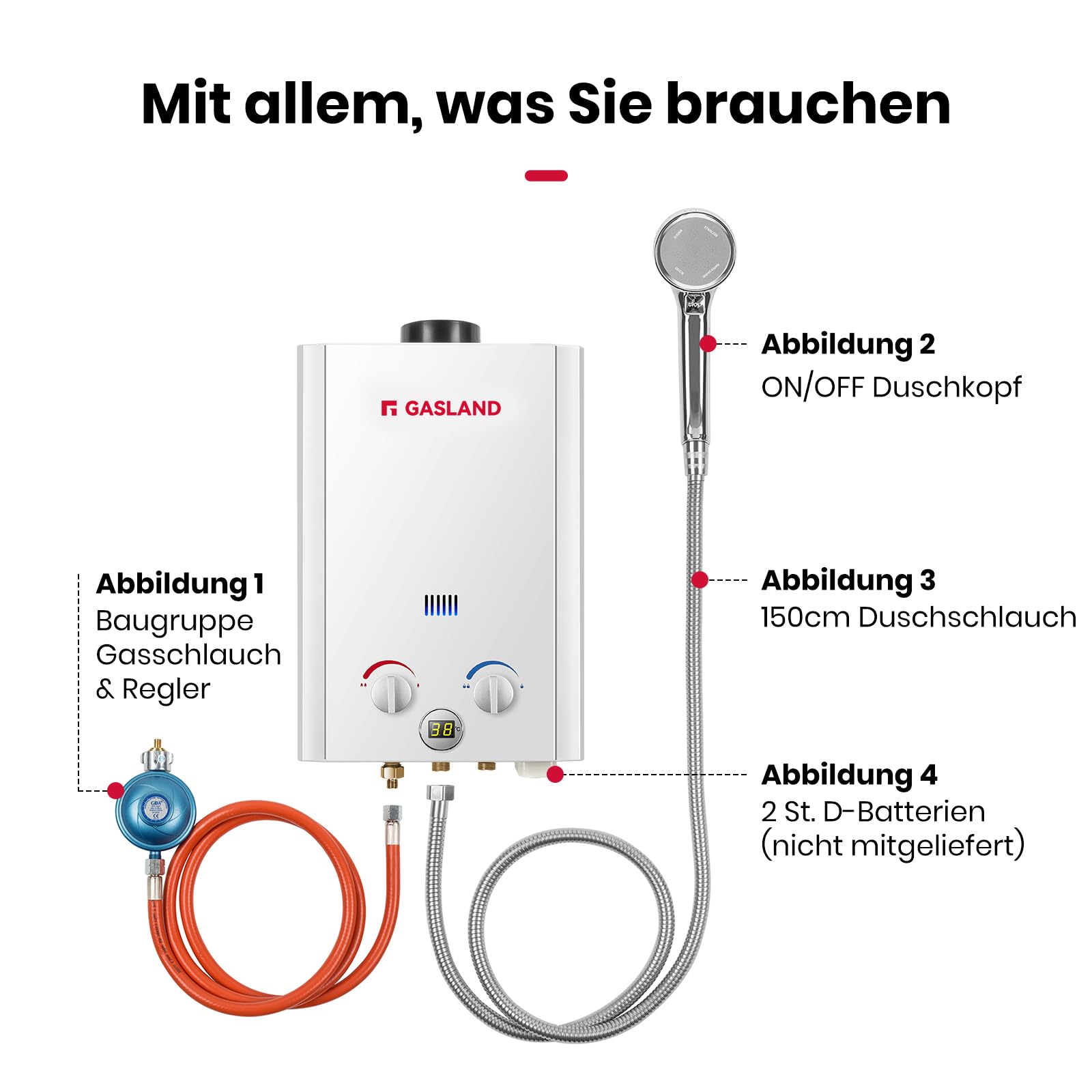 GASLAND BE264 Gas Durchlauferhitzer Propangas 10 Liter Camping Durchlauferhitzer Gastherme 50mbar Campingdusche Warmwasser mit Überhitzungsschutz für Wohnmobil Hütte Scheune