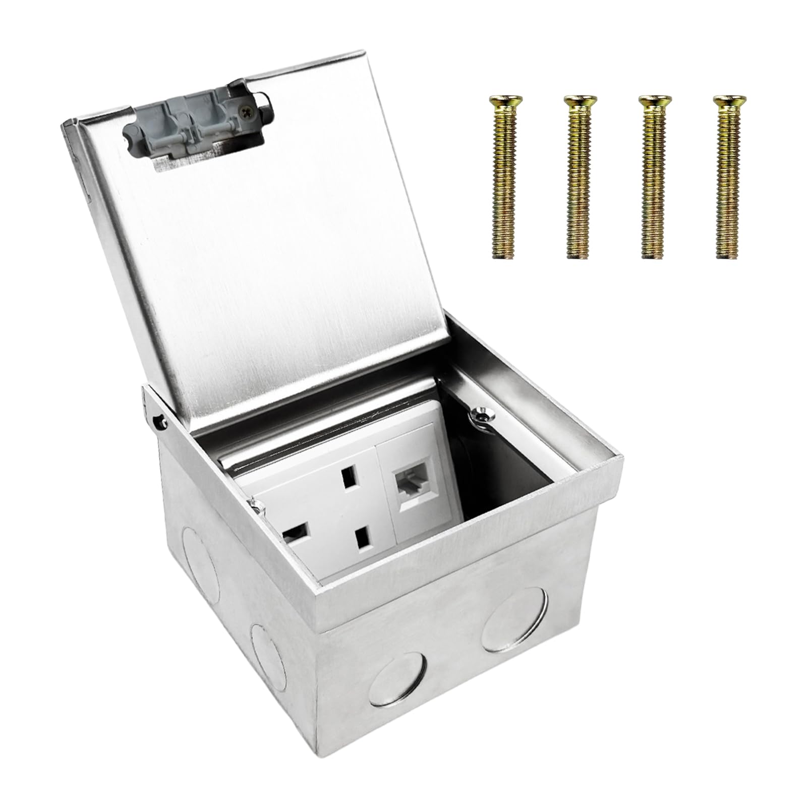 AC250V Embedded Socket Box, Stainless Steel Hidden 3 Holes Floor Outlet with Computer Network Cable Jack