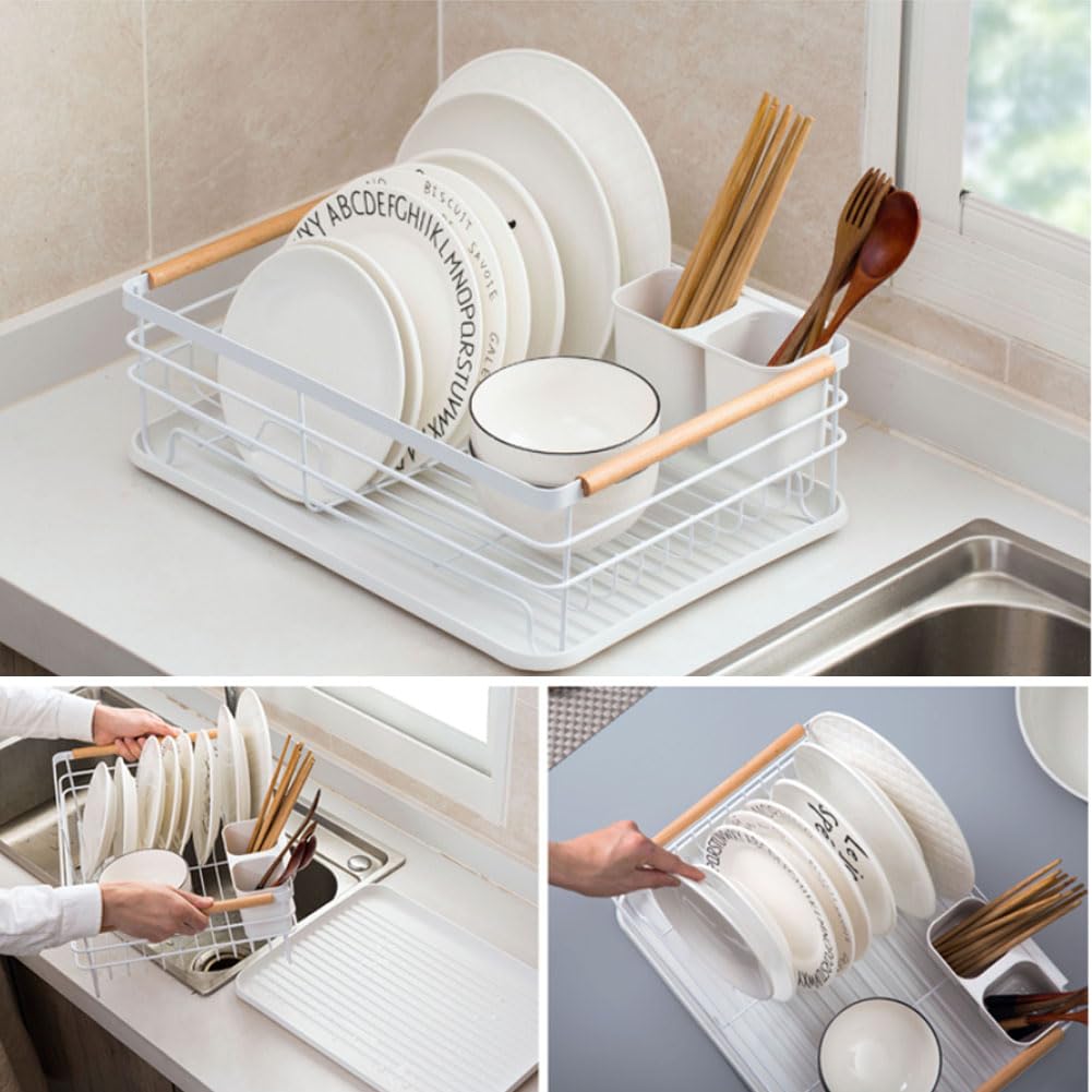 Escurridor de platos de gran capacidad que ahorra espacio con soporte para utensilios, encimera de cocina blanca para secar platos eficientes y soluciones de almacenamiento de cocina
