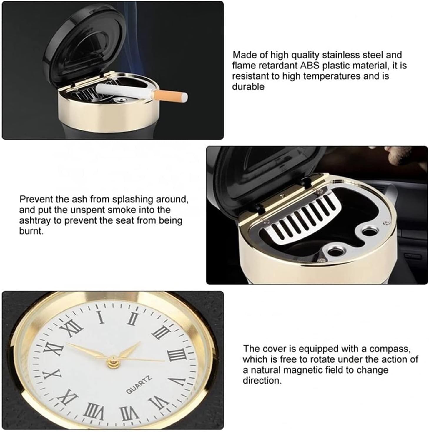 Car Ashtray, Metal Ashtray, Multi-Function Watch with Clock, Interior Accessories for Car, Home, Office and Travel