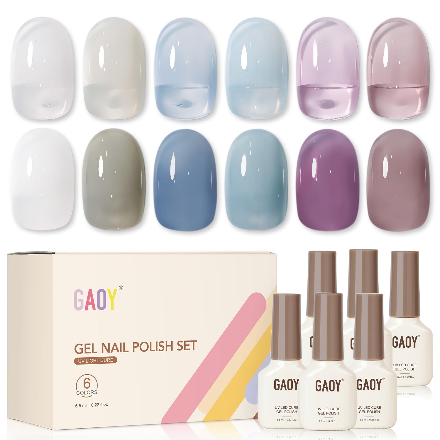 GAOY Mizzle Gel Nail Polish, Jelly Milky White Blue Gray Purple, Sheer Gel Polish Kit for Salon Manicure and Blooming Nail Art DIY at Home