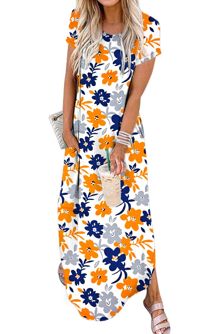 Jeqeocafy Women Summer Long Sundress Crewneck Short Sleeve Maxi Dress 2026 Casual Loose Beach Dress with Pockets
