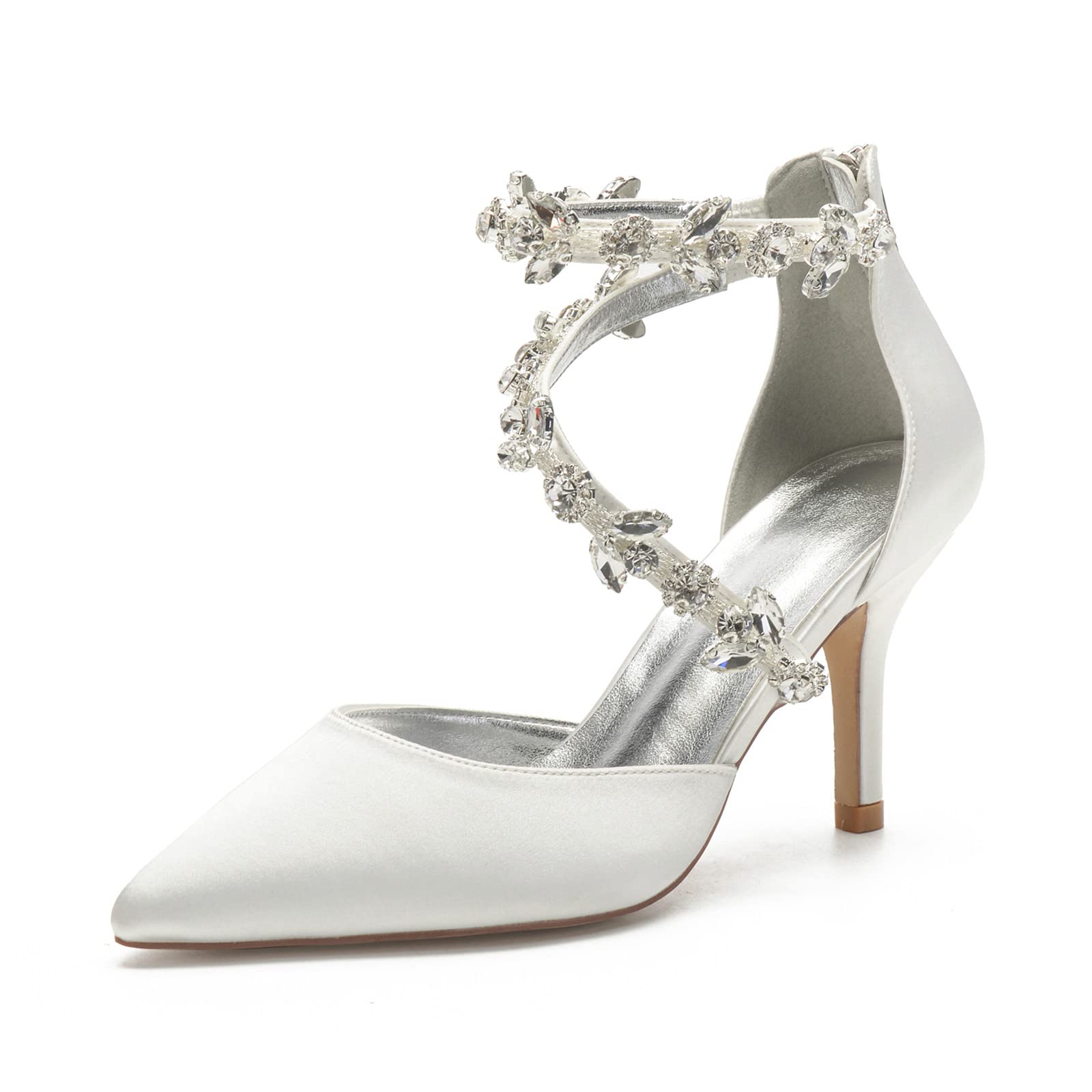 Scarpe da Sposa da Donna, Punta Chiusa Tacco Alto 8 Cm Bianco Scarpe da Sposa Scarpe da Sera in Raso A Punta con Strass