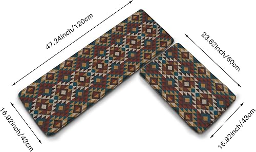 Miniatura 5 de Juego de 2 alfombras y tapetes de cocina, tapetes antifatiga tribales nativos americanos, antideslizantes, acolchados, lavables, 2 alfombras cómodas