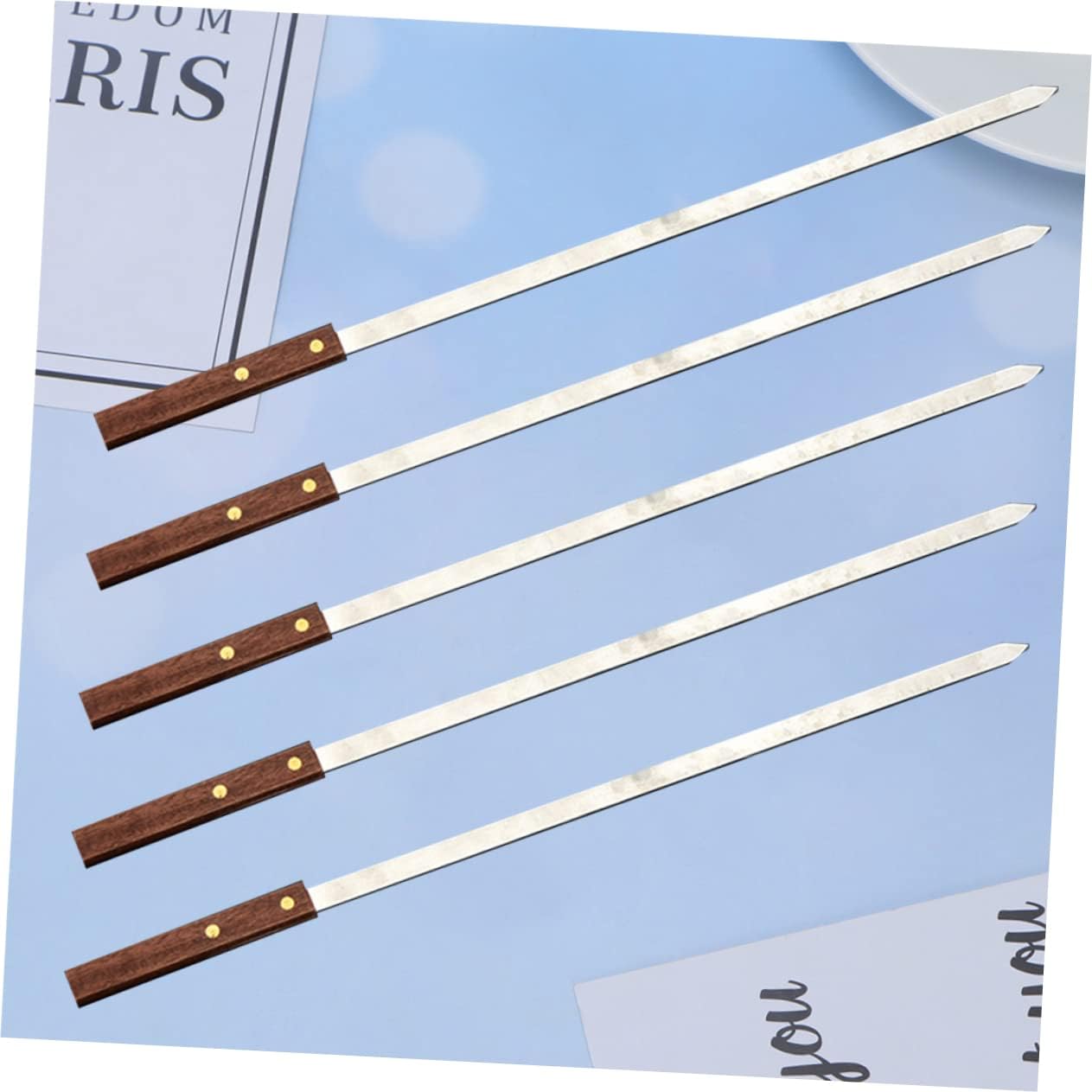 VICASKY 5pcs Stainless Steel Bbq Skewers Wooden Handle Flat Meat Skewers for Barbecue Reusable Rustless for Outdoor Dinner