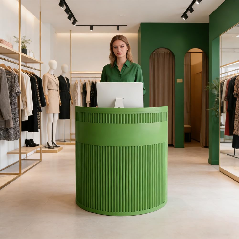 Moderno escritorio de recepción semicircular con cajones con cerradura, mesa de bienvenida de acero al carbono para oficinas, hogares y salones, elegante recepción de banco rosa