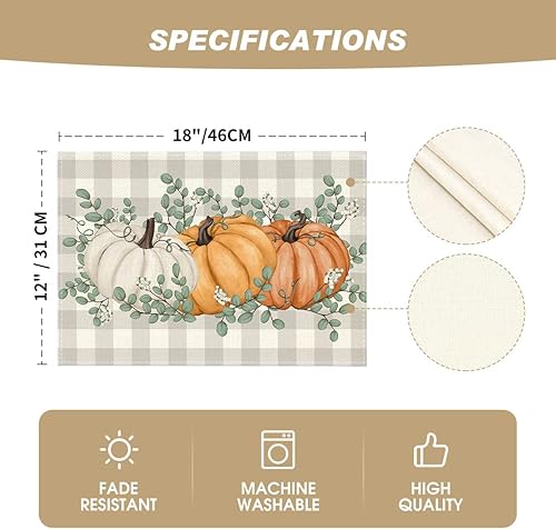 Miniatura 5 de Artoid Mode Juego de 4 manteles individuales de otoño con diseño de calabazas naranjas, hojas de eucalipto, 12 x 18 pulgadas, para decoración de