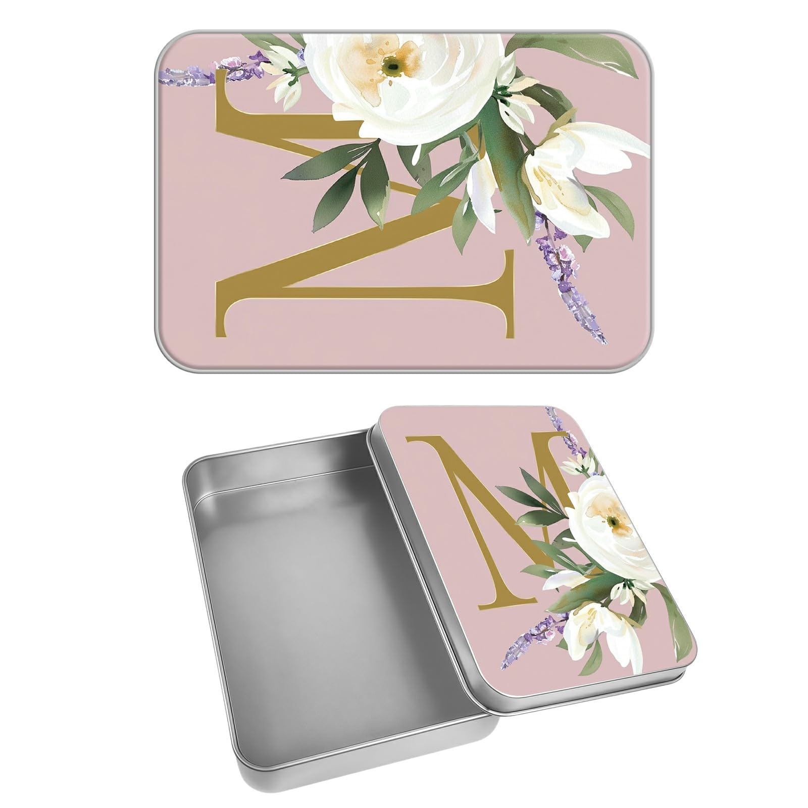 Rectangular Metal Tin Box with Removable Lid, Letter M Decorative Printed Metal Storage Container for Cards, Diaries, Home Organization 4.53 x 3.35 x 0.86 inch– Single Pack