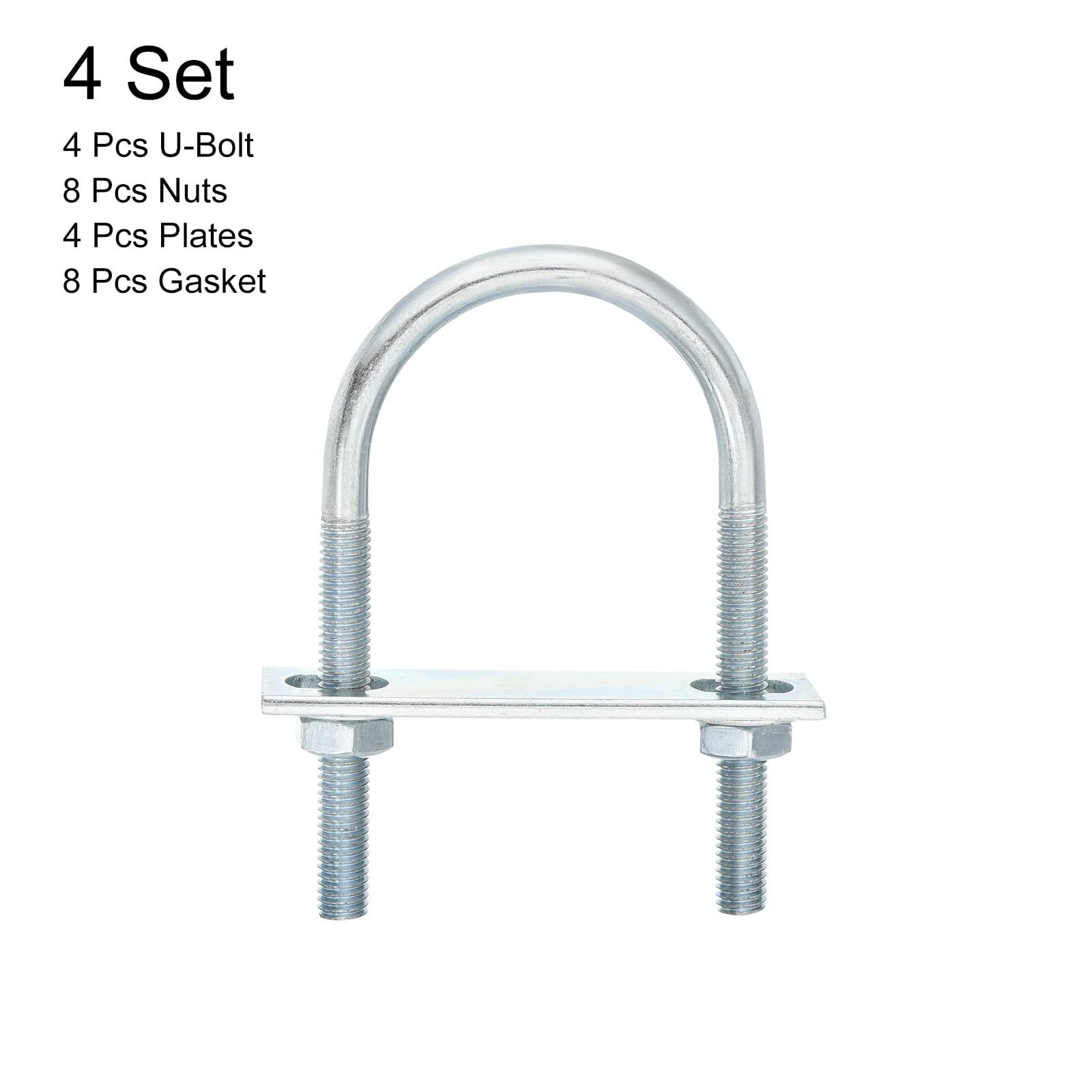 QUARKZMAN Bulloni a U Rotondi, 4 Set Larghezza Interna 50mm Lunghezza 100mm M8 Bullone a U in Acciaio al Carbonio Zincato con Dadi e Piastre, per Rimorchi Barche