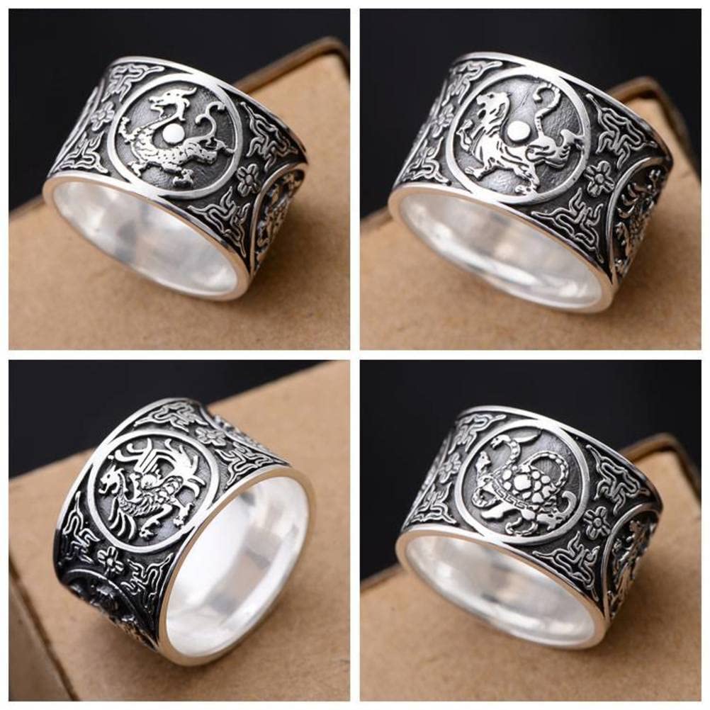 Anillo Retro S999 Plata Esterlina Plata Esterlina Cuatro Grandes Bestias Anillo Ancho Creativo Regalo de Los Hombres Anillo Dominante1, 61mm