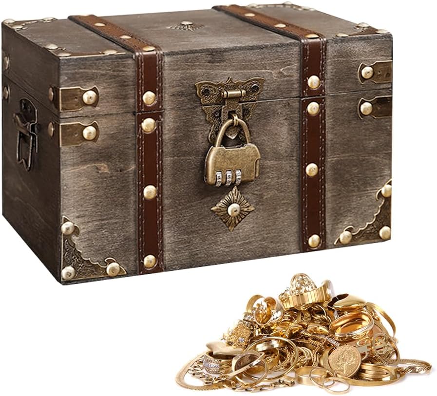 Vintage Wooden Treasure Chest, Treasure Chest Wood, 22 x 15 x 13.5 cm, Lockable, Reinforced Corners, Storage & Decoration