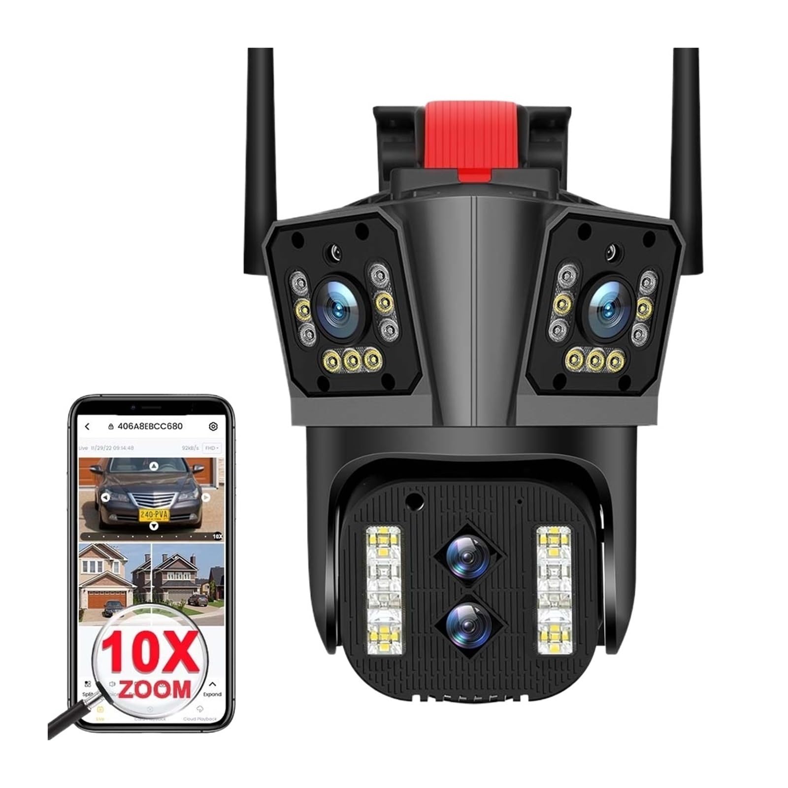 Telecamera di sicurezza, Telecamere di sorveglianza 16MP 6K Zoom 10X Telecamera sicurezza wireless esterna IP PTZ grandangolare a quattro obiettivi CCTV Smart Home(6K Camera Add 32G)