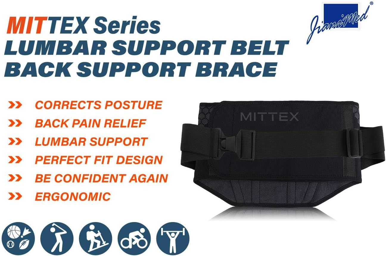 8” Lumbar Support Belt with Adjustable Straps– MITTEX Series, Back Brace, Back Pain, Sciatica, 4 Stays, Scoliosis, Breathable, Daily Use, Taiwan Excellence