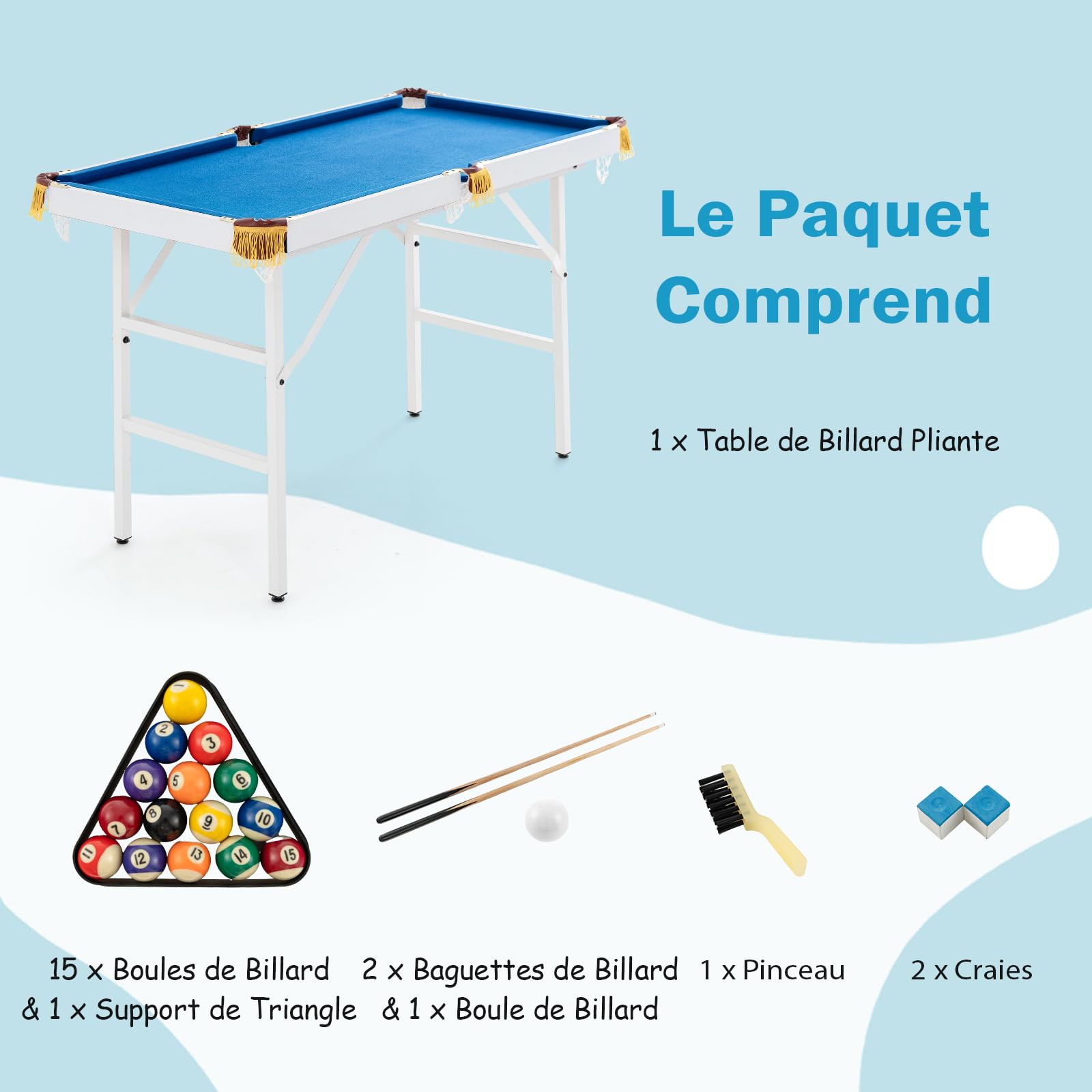 GOPLUS Table de Billard Portable de 122 cm, Mini-Billard avec Pieds Pliables, Jeu d'Arcade d'Intérieur avec 16 Boules, 2 Queues, 2 Craies, 1 Pinceau et 1 Triangle pour Enfants et Adultes