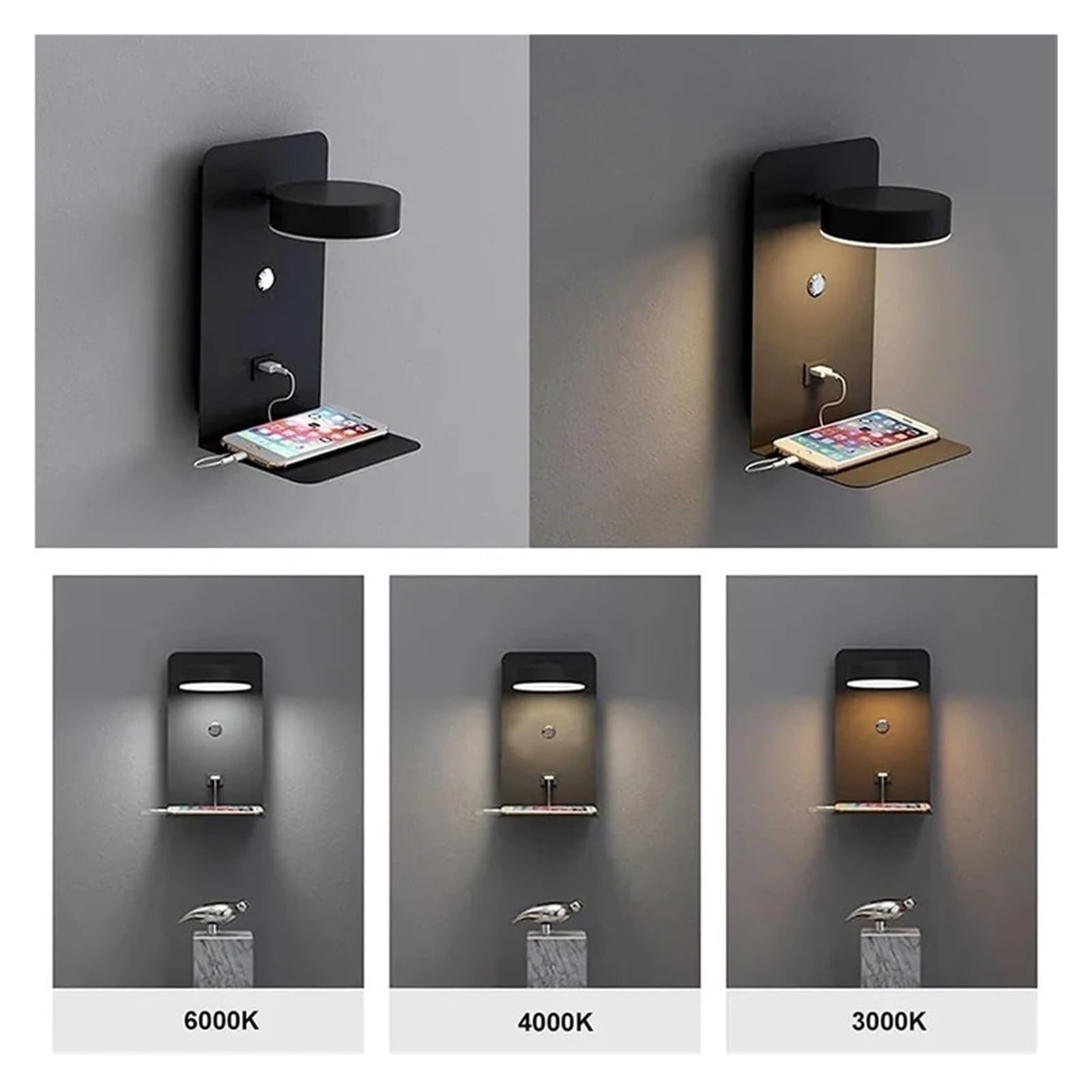 Lampa Ścienna LED Do Wnętrz, Ładowanie Telefonu Komórkowego Przez USB, Lampy Ścienne Z Przełącznikiem, Sypialnia, Lampki Nocne Czytania, Dekoracja Salonu CiepłA I Komfortowa Atmosfera(Black)