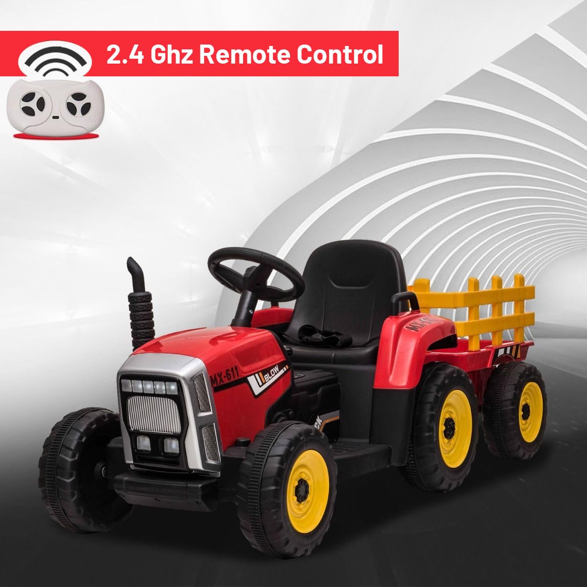 Traktor elektryczny Workers z przyczepą, czerwony, napęd na tylne koła, bateria 12 V, kółka, szerokie siedzisko, pilot zdalnego sterowania 2,4 GHz, odtwarzacz MP3 z Bluetooth i wejściem SD, diody LED