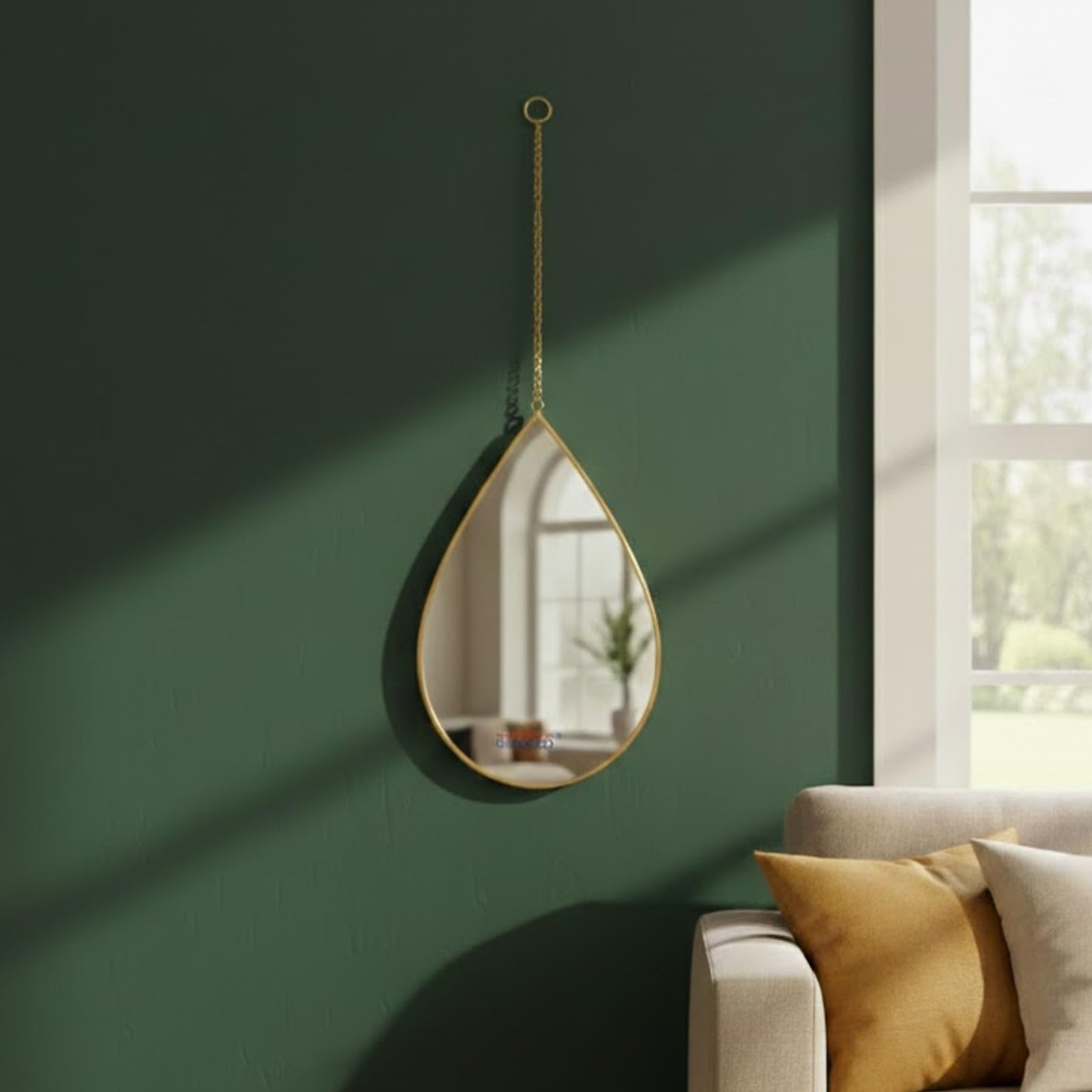 Glassco Mirror for Wall Decorative Drop Shaped Hanging Mirror for Livingroom, Home, Bedroom, Entry Way Scratchproof, (Golden Frame with Chain 30cm*19cm Pack of 1)-image-5