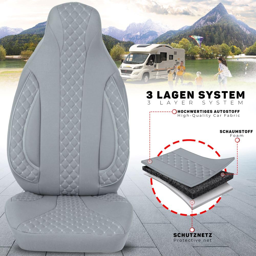 BREMER SITZBEZÜGE WPL409 - Housses de siège pour Camping-Car, hymer Ducato, Accessoires de Camping-Car, Lot de 2 Housses avec accoudoirs Gris