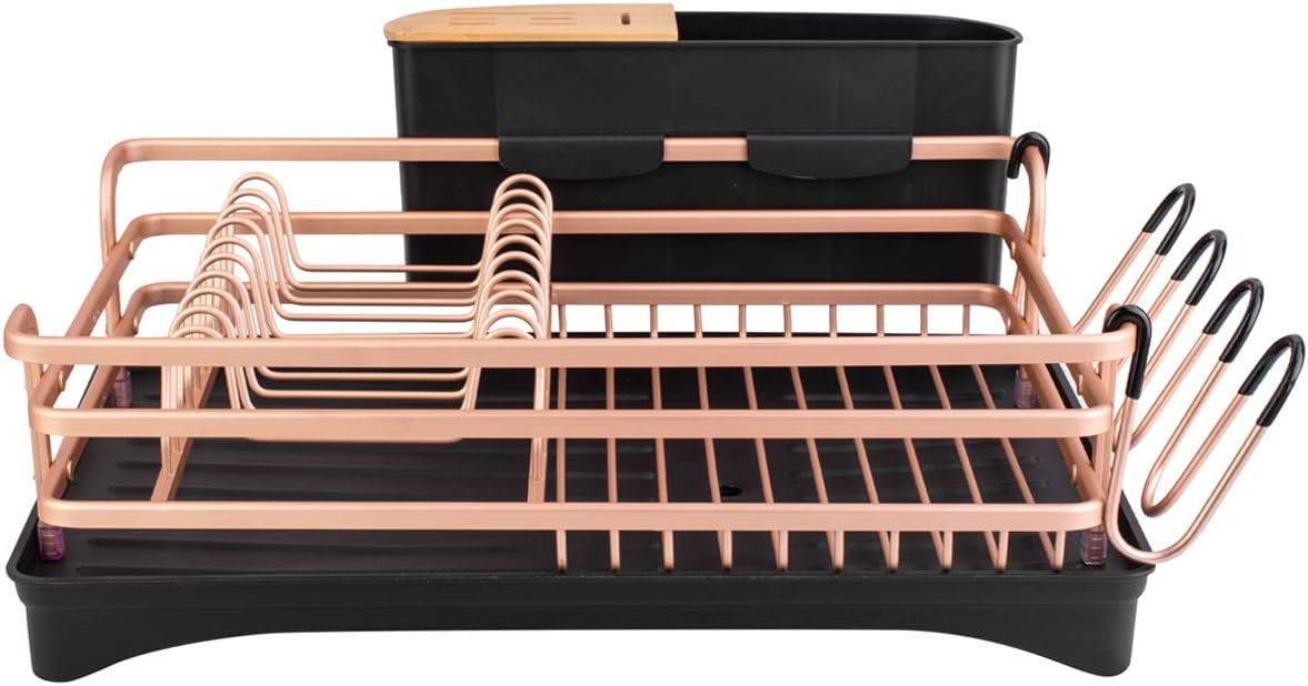 Gold Aluminum Dish Drying Rack with Utensil Cup and Swivel Spout