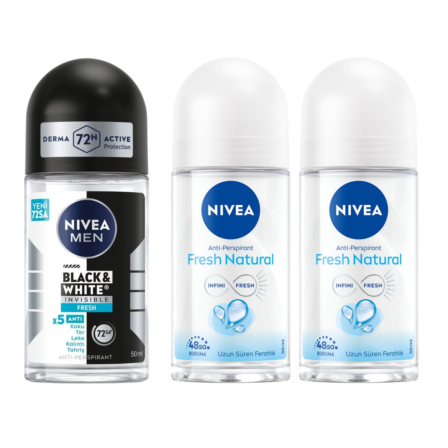 NIVEA Men Erkek Roll On Deodorant Black&White Invisible Fresh 48 Saat Anti-Perspirant Koruma, 50 ml + NIVEA Kadın Roll On Deodorant Fresh Natural 48 Saat Anti-Perspirant Koruma (50 ml) X2