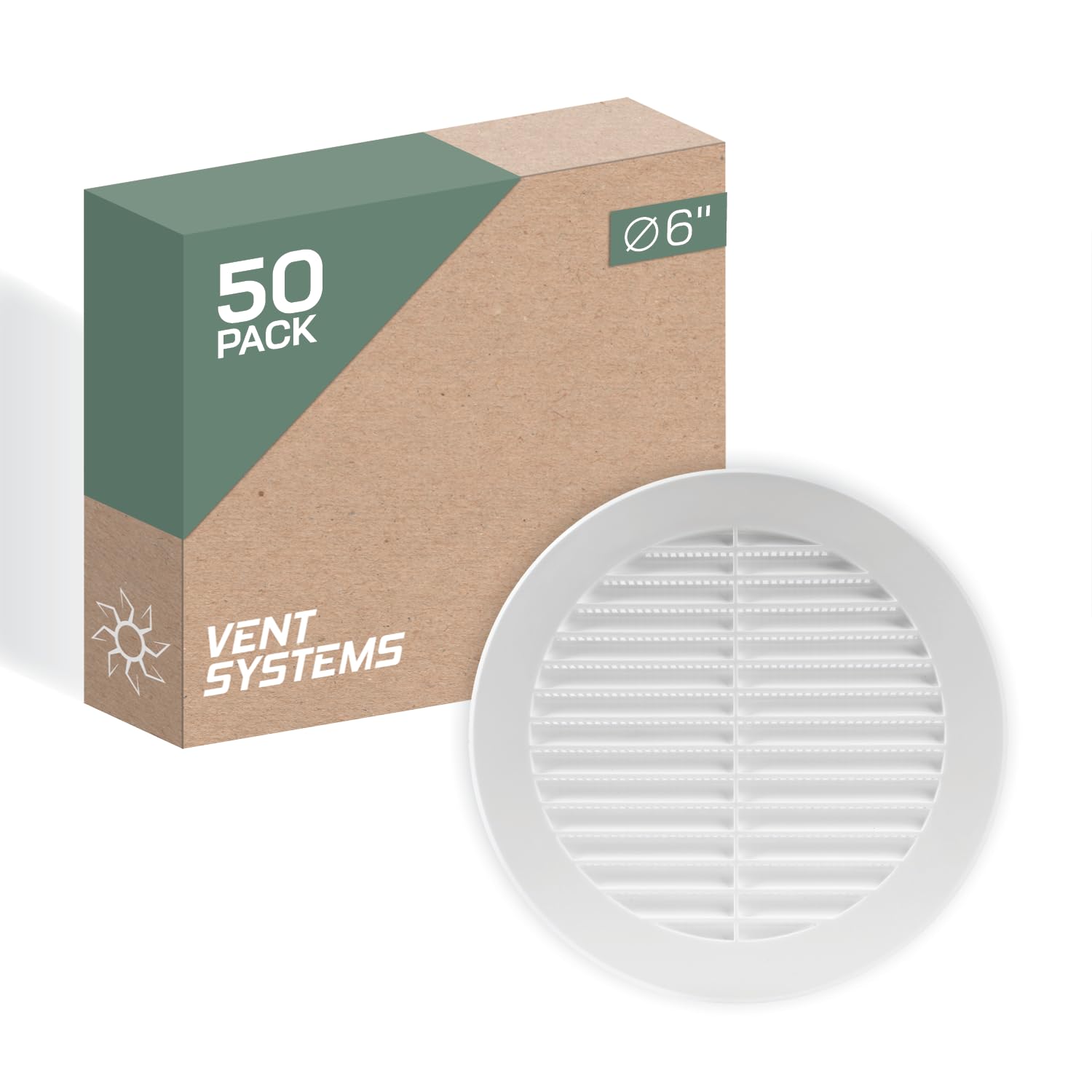 Vent Systems 150 mm / 6" Inch Round Soffit Vent Cover - Pack of 50 - White Louvered Plastic Grill Cover - Vent Grille with Screen Mesh - HVAC, Ducting, Pipe Air Supply Vents for Bathroom, Kitchen