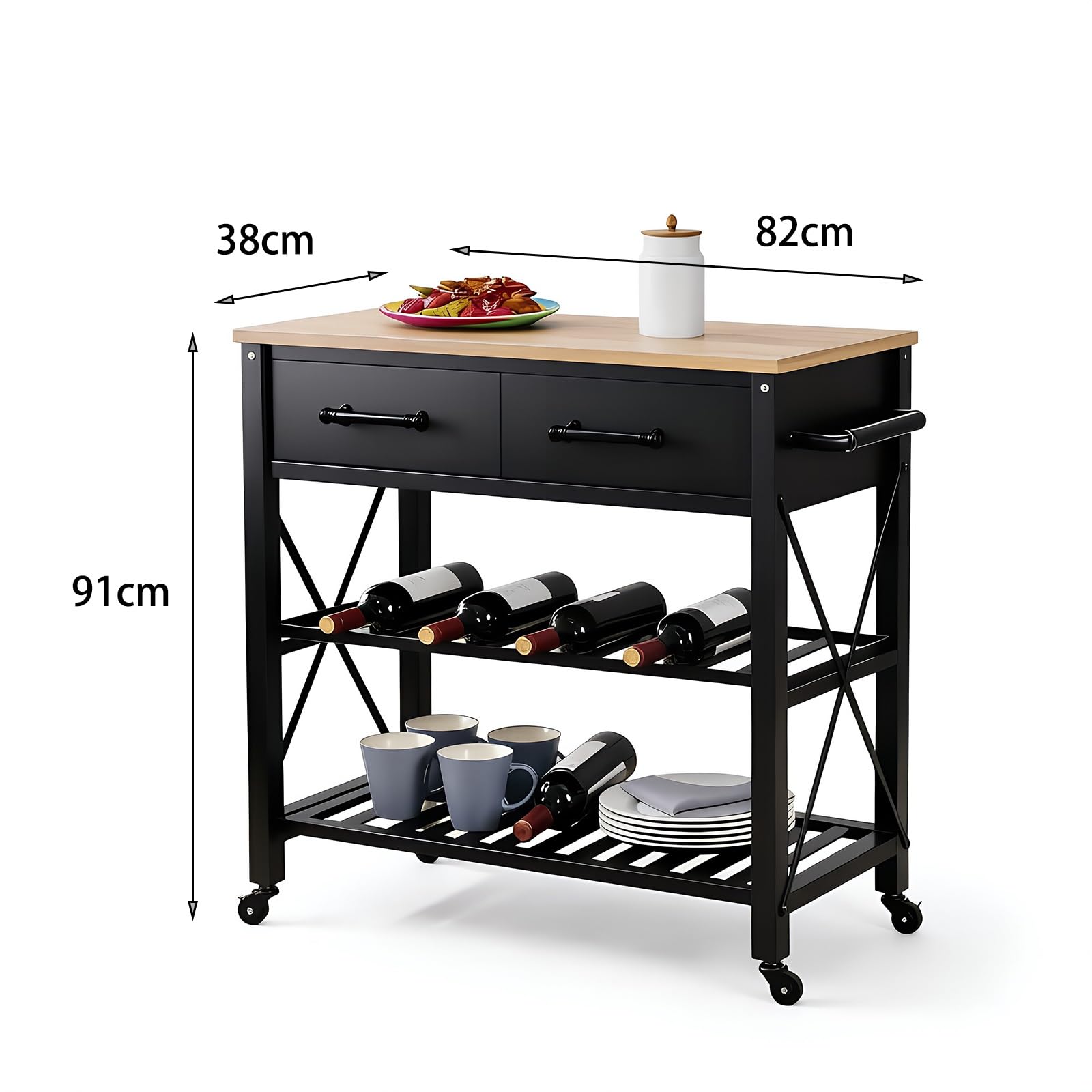 Mobile contenitore per cucina ad isola Carrello da cucina con rotelle for isola cassetti portaoggetti mobile ripiani aperti e piano in legno
