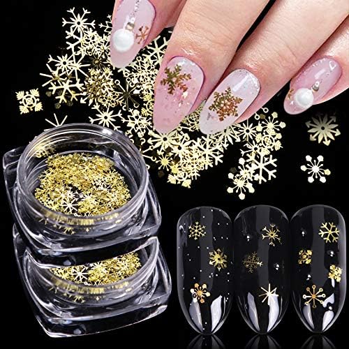 2 Boxes 3D Snowflake Nail Art Sequins Gold Snowflakes Glitter for Nails Decoration Christmas Nail Art Stickers Decals Snowflake Nail Glitter Flakes for Acrylic Nails Design DIY Metal Xmas Nail Decor